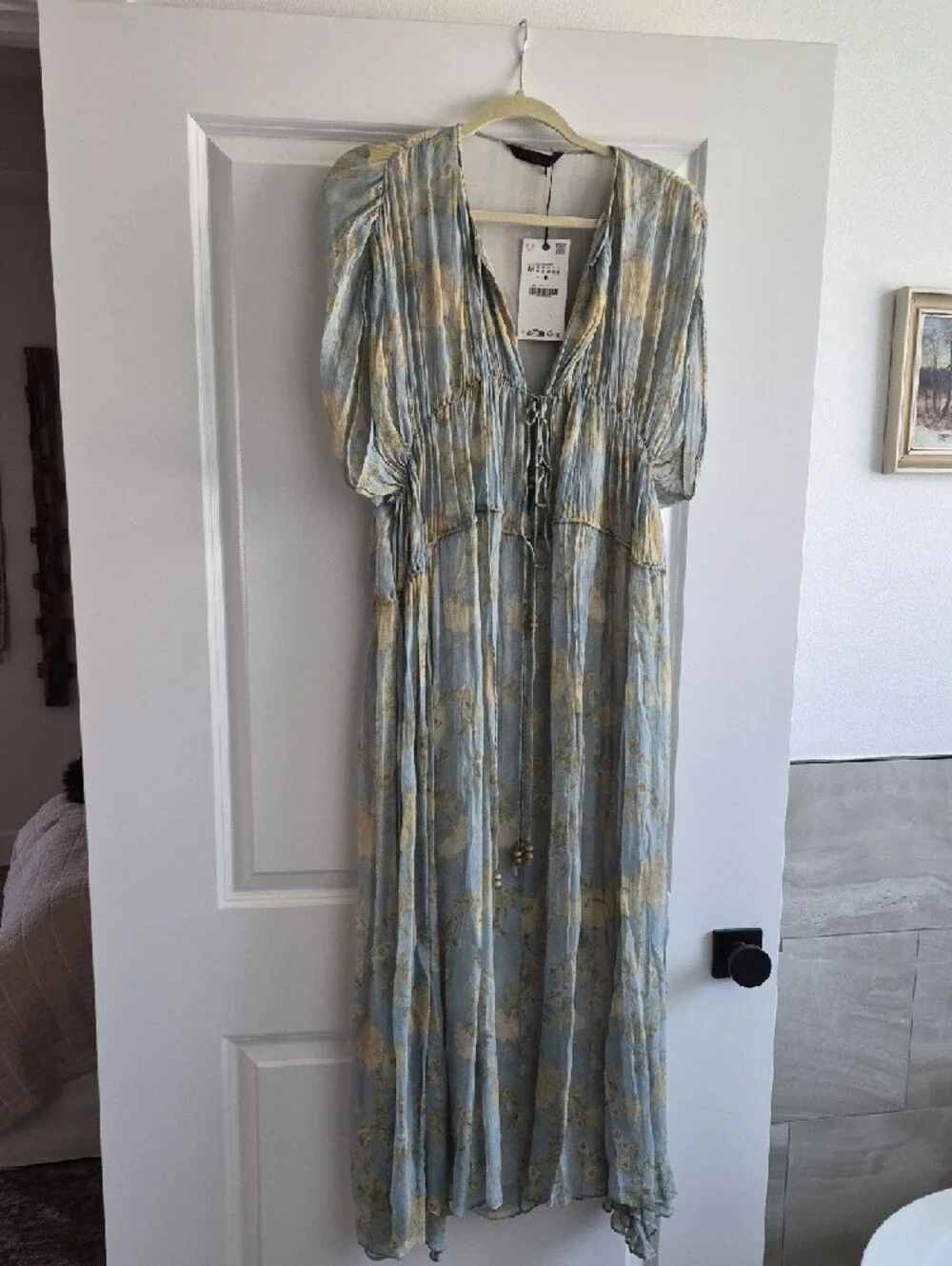 Bohemian Tie-Front Maxi Dress in Sage with Gold Floral - Picture 15 of 15
